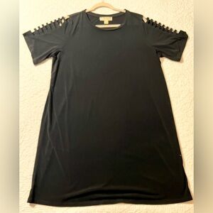 Michael Kors Cold Shoulder Black Short Sleeve Dress with Cutout Sleeves.
